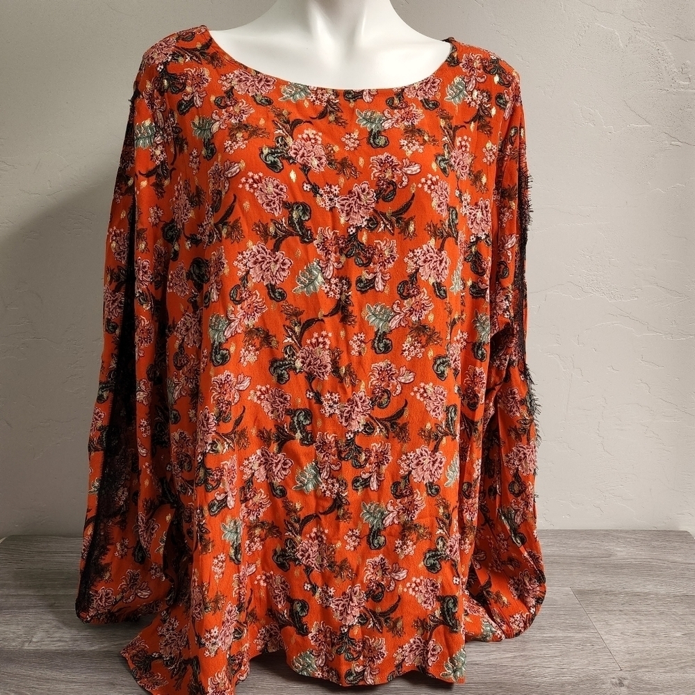 Jason Wu Orange Tunic Top 3X Rose Gree ‎ Floral Gold Detail Lace Long Sleeve